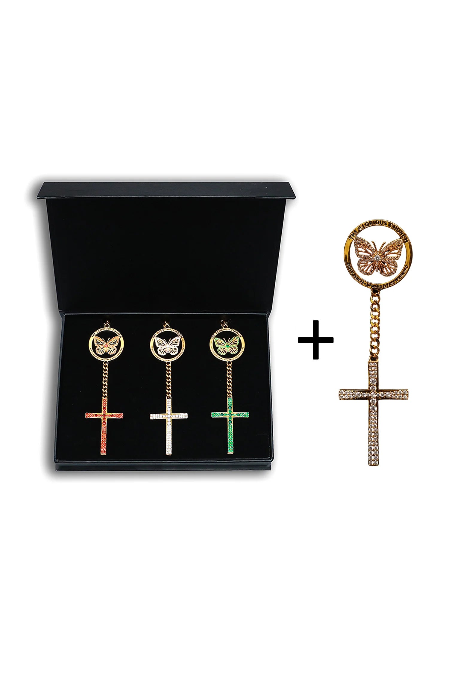 TGC Glory Chain – Complete Zircon Collection -18K Gold Plated Glory Chain(White | Red | Emerald Green Zircon) & Glory Lapel Pin with Drop Chain & Cross – White Zircon Edition