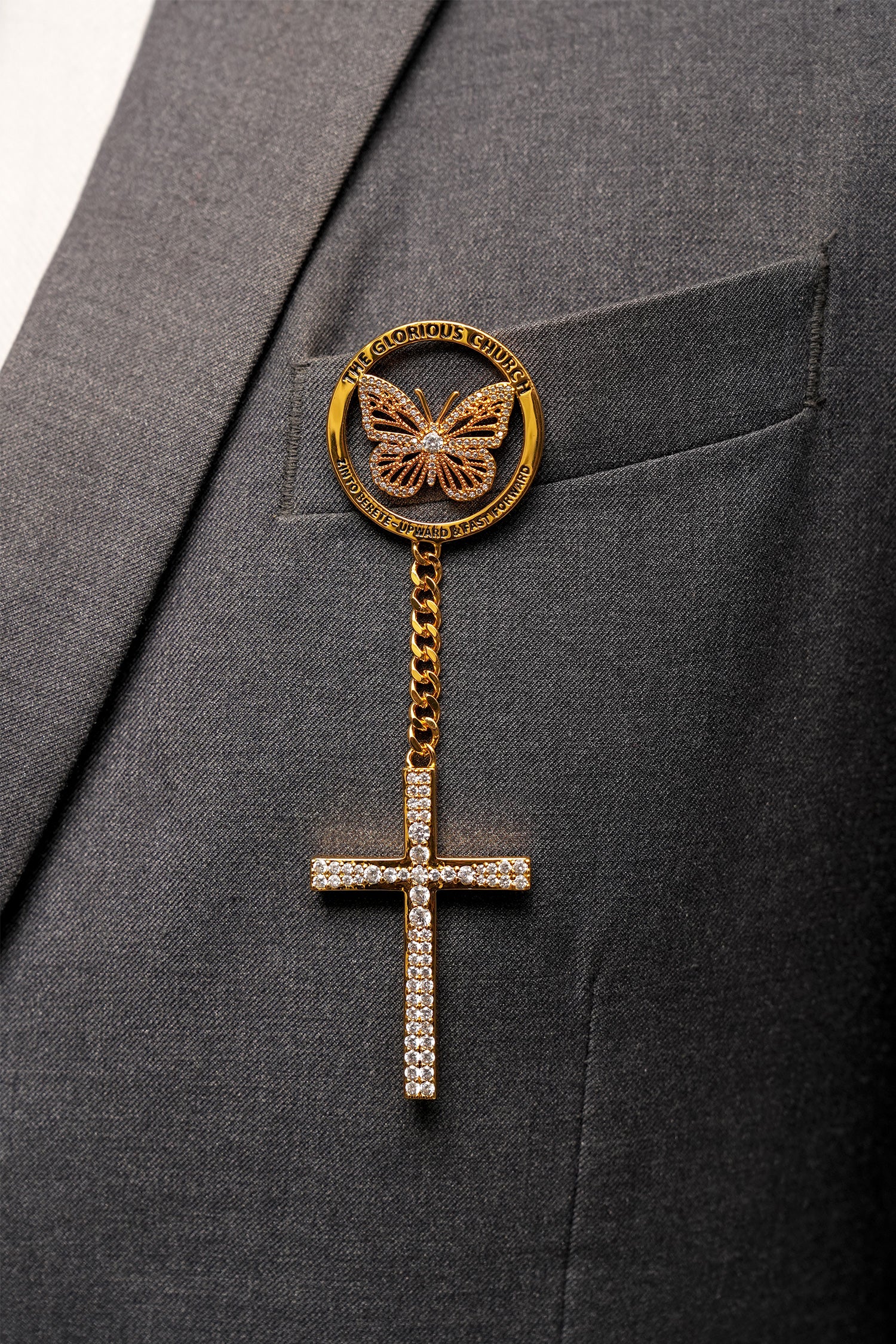 TGC Glory Lapel Pin With Drop Chain & Cross -18k Gold Plated | White Zircon Edition