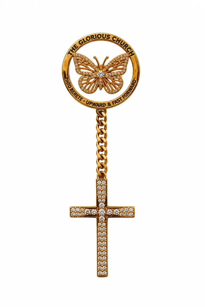 [UCRTGCLPWZ001] TGC Glory Lapel Pin With Drop Chain & Cross -18k Gold Plated | White Zircon Edition