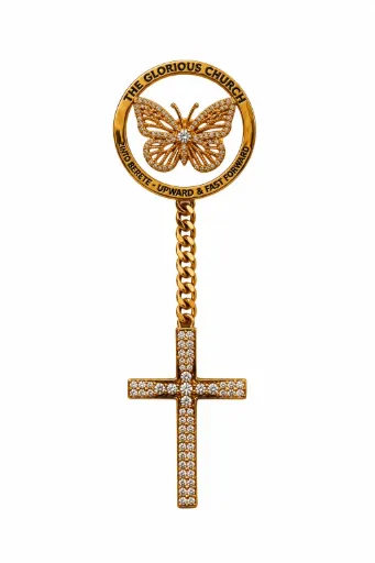 TGC Glory Lapel Pin With Drop Chain & Cross -18k Gold Plated | White Zircon Edition
